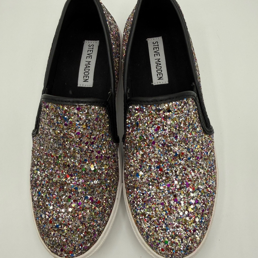 Steve Madden Ecentrog Leather Trim Multicolor Sparkly-Glitter Slip On Sneakers - Picture 10 of 16